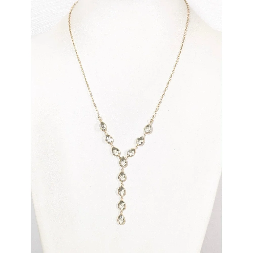 LOFT Gray Faceted Glass Y Necklace Gold Tone Teardrop‎ Bezels Lariat Style 22
